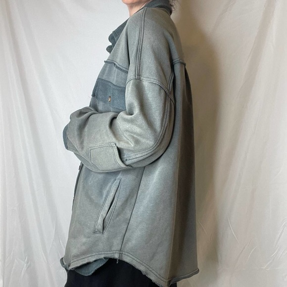 Pol French terry oversized shacket jacket green button front vintage wash faded - Picture 10 of 16